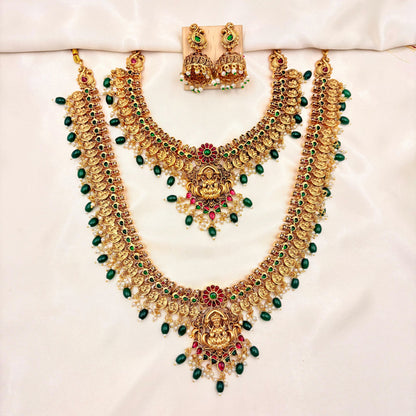 Grand Lakshmi Temple Jewellery Set – Antique Gold Bridal Choker, Long Haram & Green Bead Jhumka Earrings