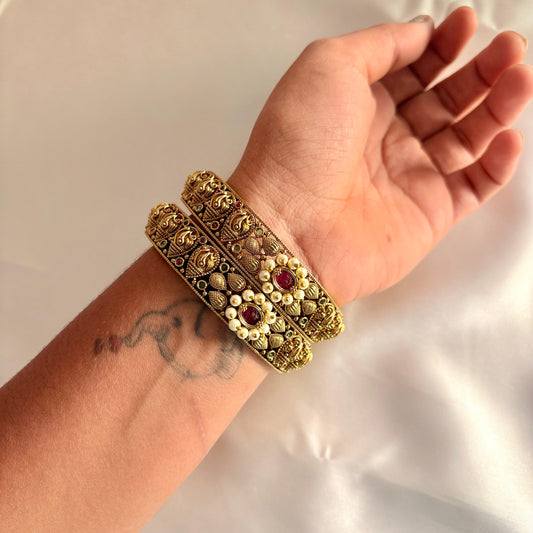 Antique Temple Design Ruby Pearl Kada Bangles (Pair) – Heritage Gold Finish