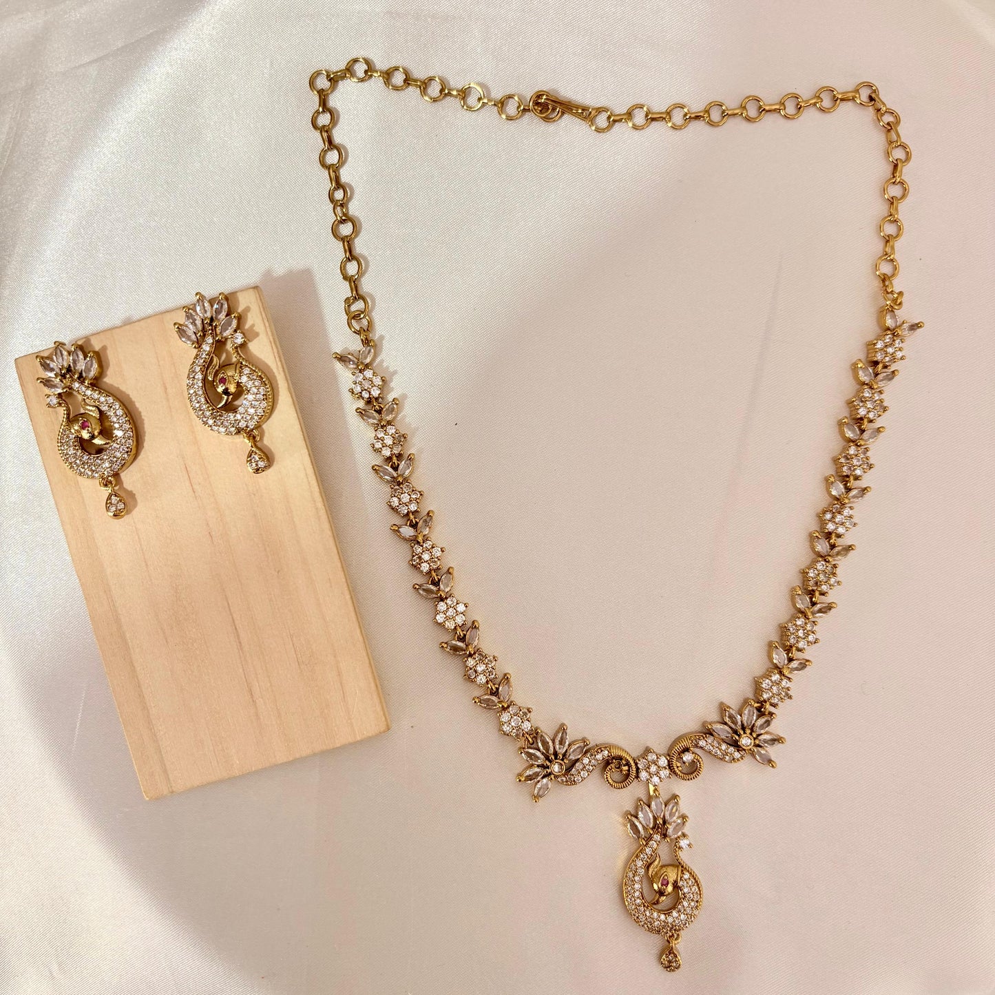 Premium Rose Gold Peacock Necklace Set with CZ Stones & Matching Earrings