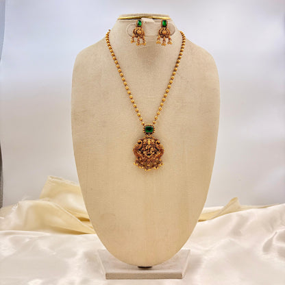 Gold Finish Temple Necklace Set with Green Stone Pendant & Earrings