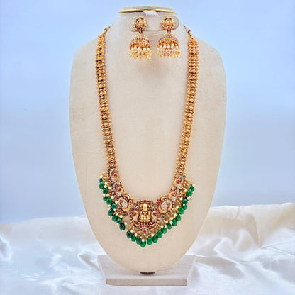 Gold Finish Lakshmi Temple Necklace Set with Green Beads