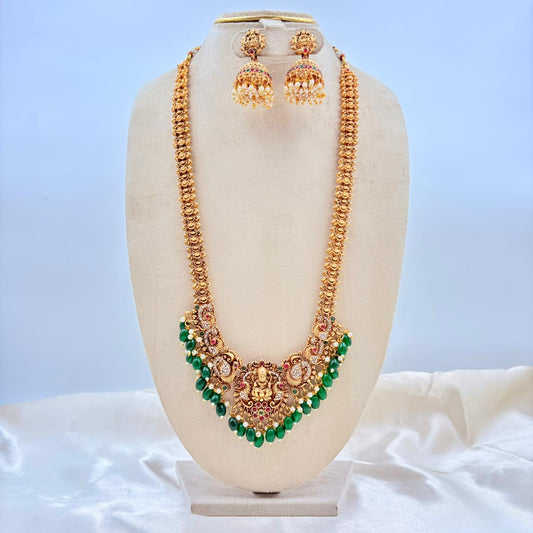 Gold Finish Lakshmi Temple Necklace Set with Green Beads