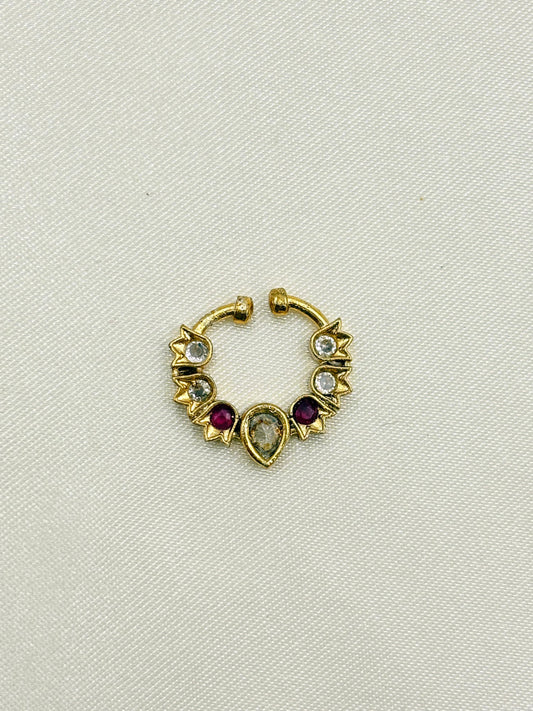 Traditional Kundan Nose Pin with Ruby & White Stones – Gold Finish
