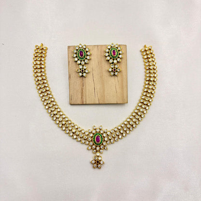 Premium CZ Stone Bridal Necklace Set with Ruby & Emerald Accents – Gold Finish