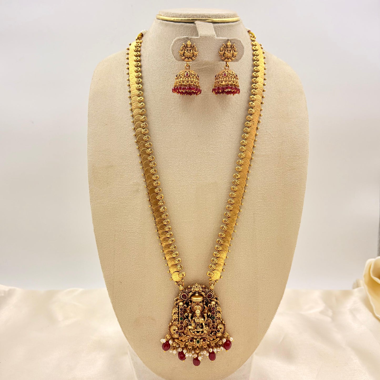 Antique Gold Lakshmi Kasu Haram with Ruby Beads & Jhumka Earrings | Temple Jewelry Set