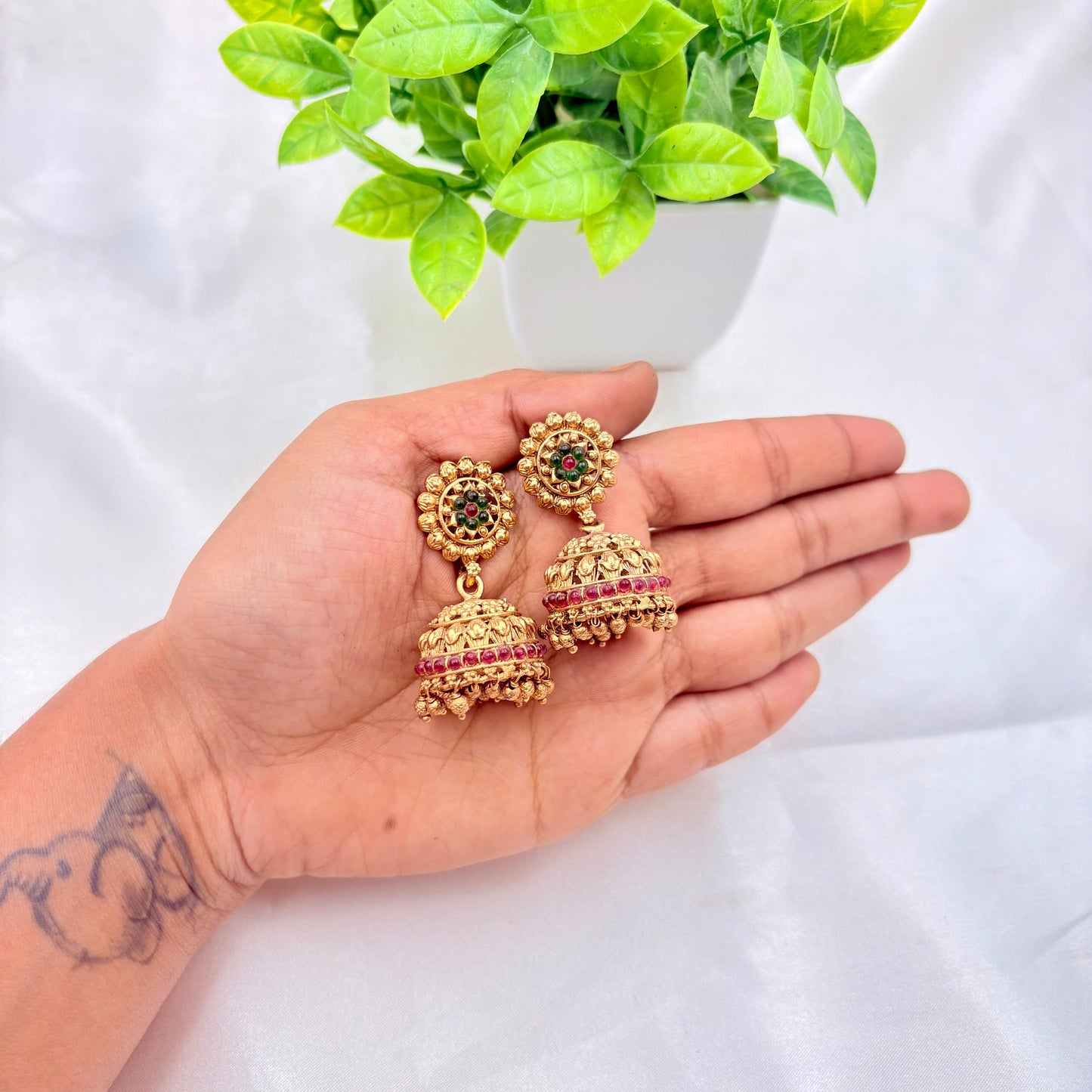 Antique Gold Temple Jhumka Earrings with Red & Green Stones