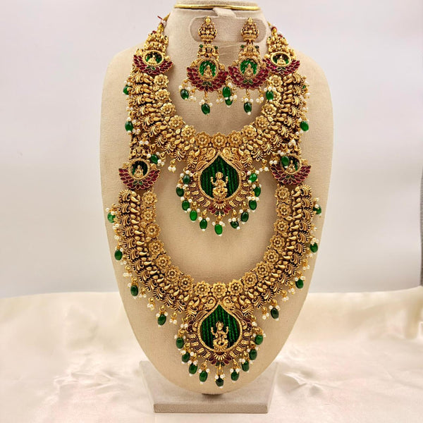 Bridal Temple Jewellery Haaram Set – Long & Short Necklace with Jhumkas | Lakshmi Pendant | Antique Gold Finish (Green & Ruby Stones)