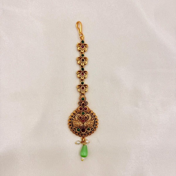 Antique Floral Maang Tikka with Ruby-Green Stones & Drop Bead | Bridal Jewellery