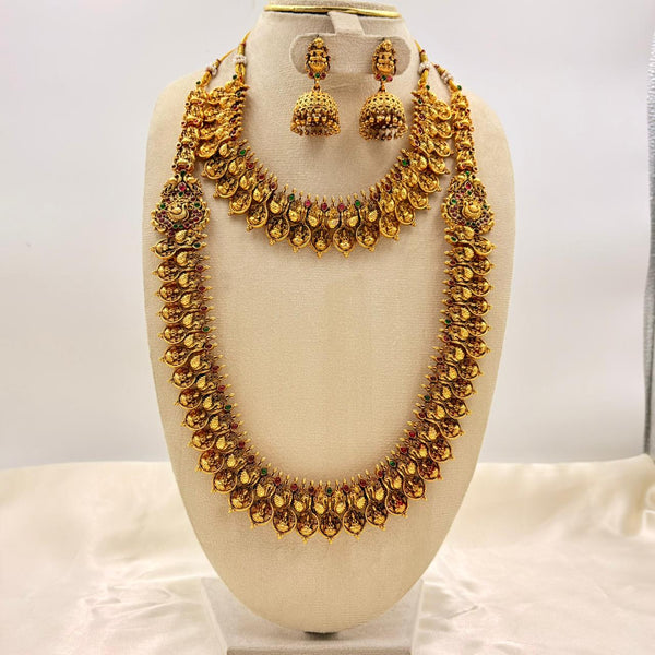 Bridal Temple Mango Haaram Set – Long & Short Necklace with Jhumkas | Antique Gold Finish | Lakshmi Coin Design