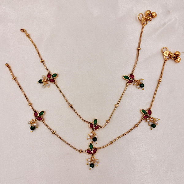 Antique Gold Floral Stone Anklet Pair with Pearl Drops