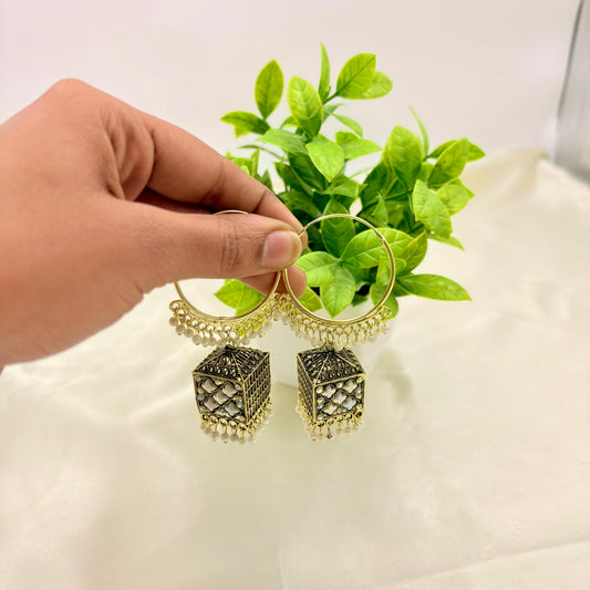Antique Gold Cube Jhumka Hoop Earrings with Pearl Drops