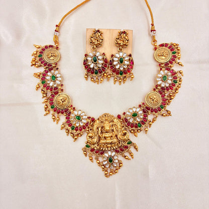 Gold Plated Lakshmi Temple Necklace Set with Ruby, Green Stones & Matching Earrings