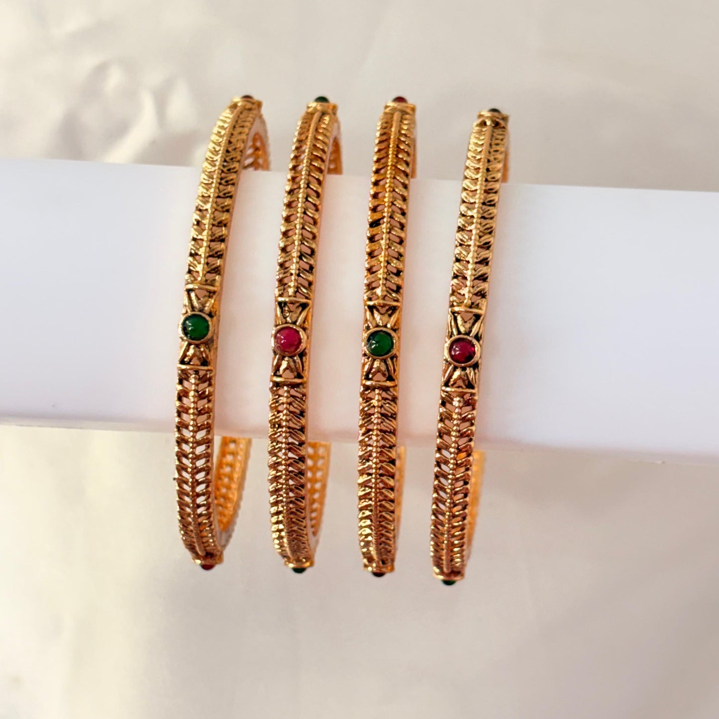 Antique Gold Leaf Pattern Bangles with Ruby & Green Stone – Traditional Daily Wear Bangles (Pair)