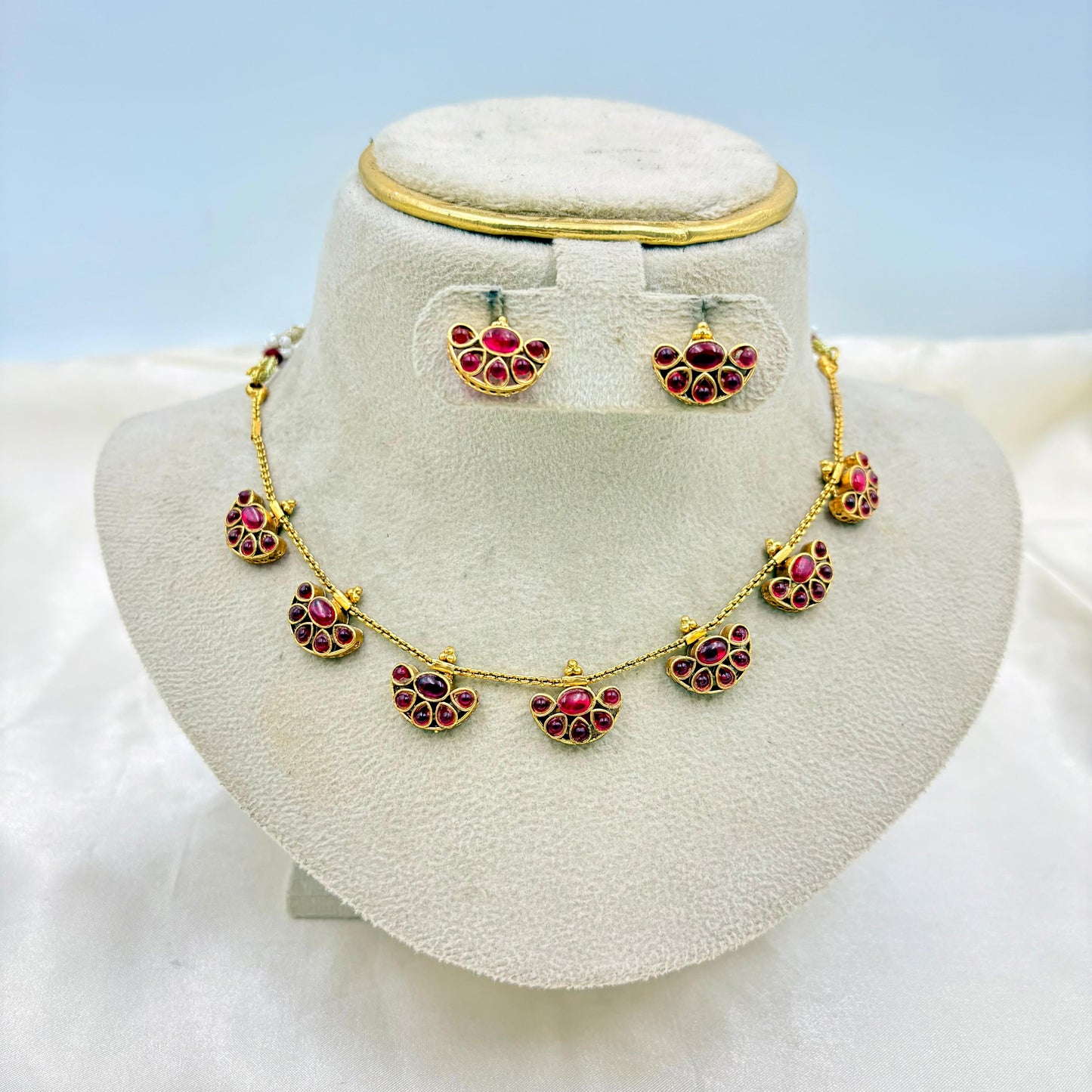 Antique Gold Finish Ruby Stone Short Necklace Set with Matching Stud Earrings