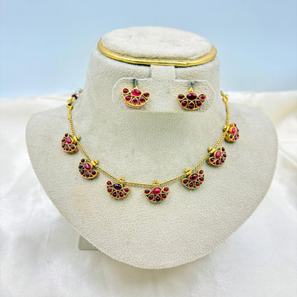 Antique Gold Finish Ruby Stone Short Necklace Set with Matching Stud Earrings