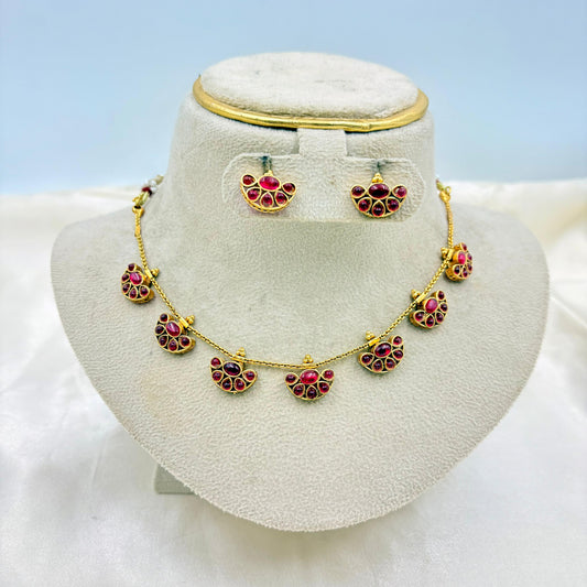 Antique Gold Finish Ruby Stone Short Necklace Set with Matching Stud Earrings