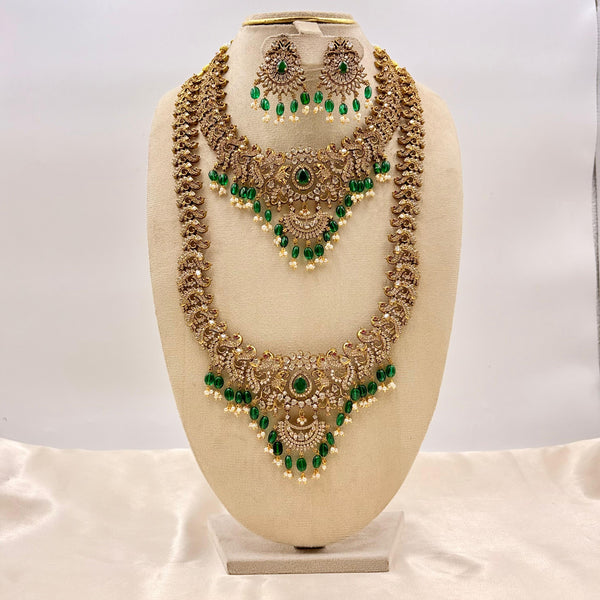 Royal Bridal Kundan Necklace Set with Green Beads & Vaddanam (Complete Set)