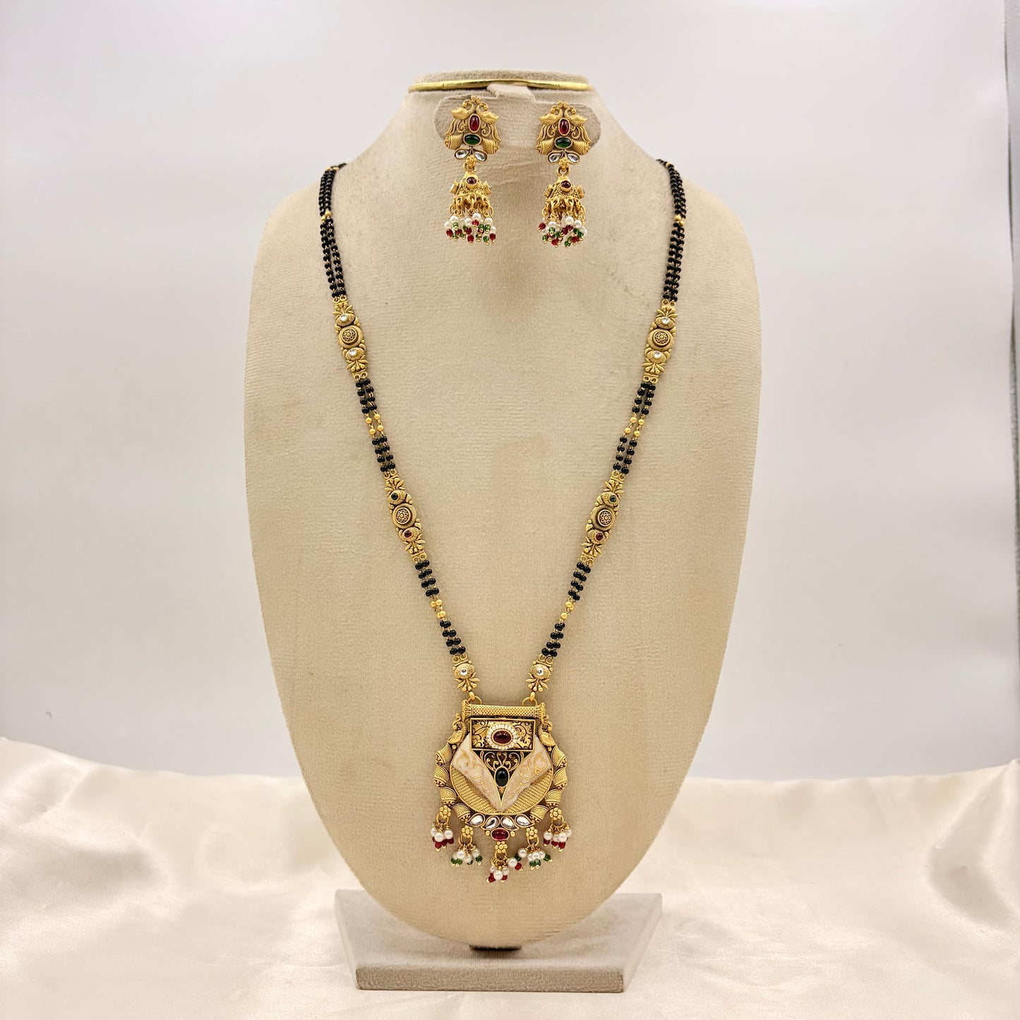 Antique Gold Long Mangalsutra with Designer Pendant & Matching Earrings