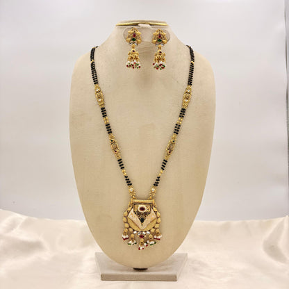 Antique Gold Long Mangalsutra with Designer Pendant & Matching Earrings