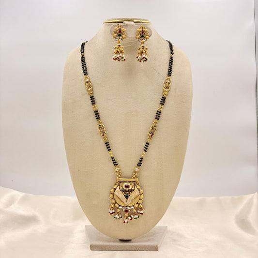 Antique Gold Long Mangalsutra with Designer Pendant & Matching Earrings