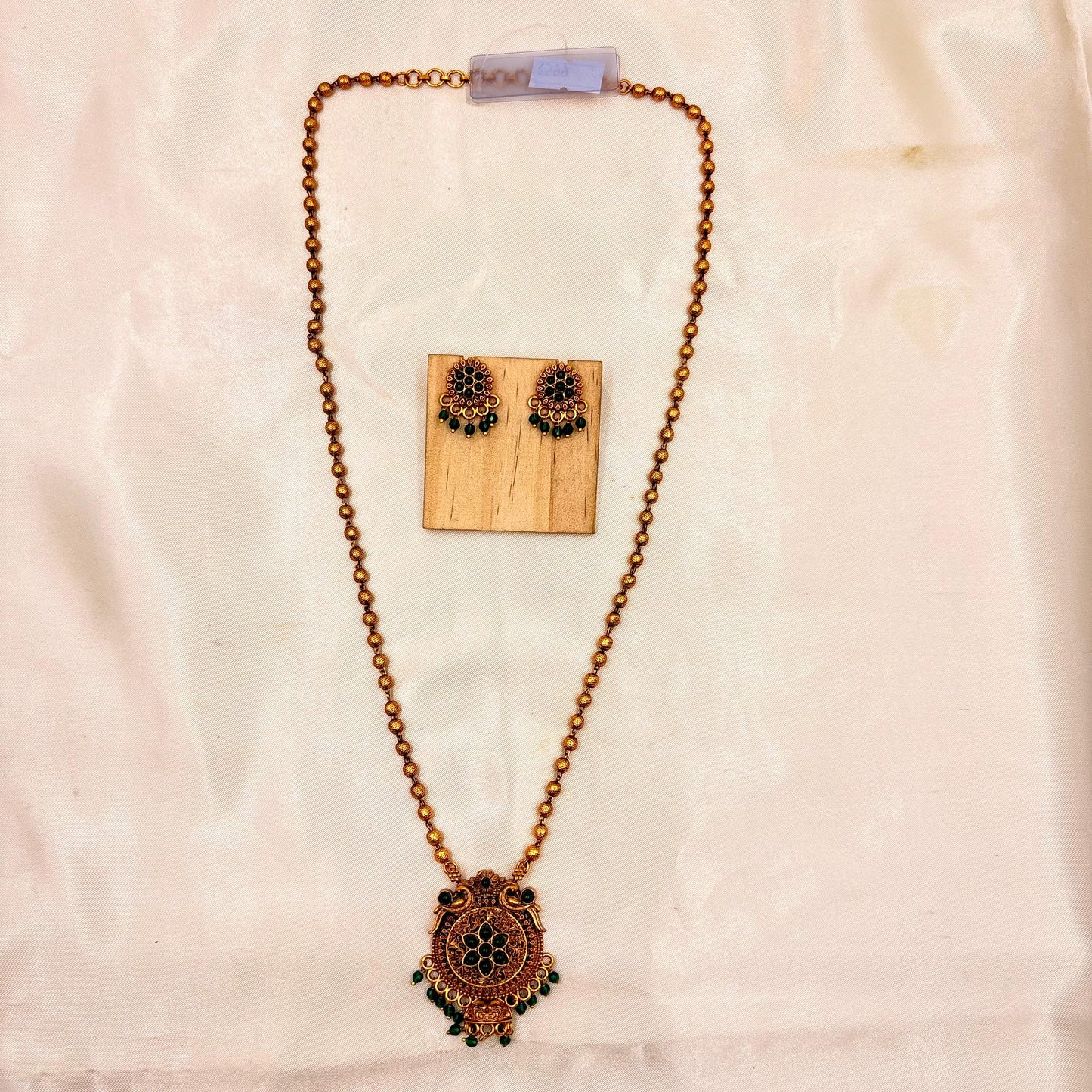 Antique Gold Finish Long Necklace with Green Stone Pendant & Stud Earrings