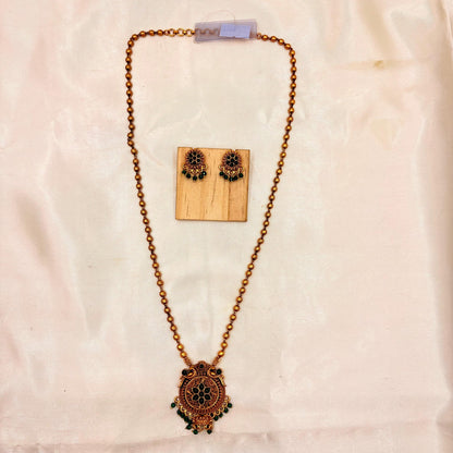 Antique Gold Finish Long Necklace with Green Stone Pendant & Stud Earrings