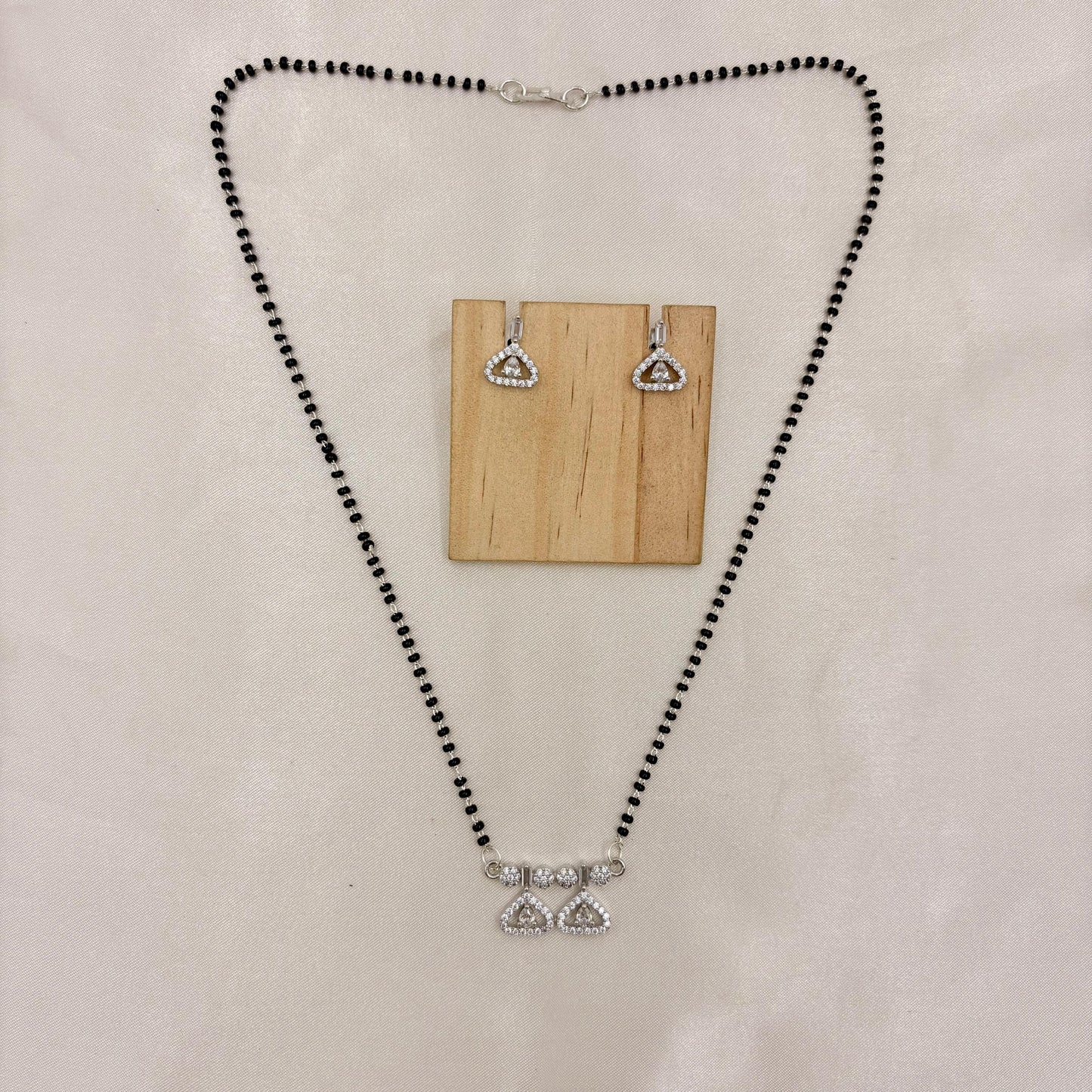 Silver Finish CZ Triangle Mangalsutra with Matching Earrings