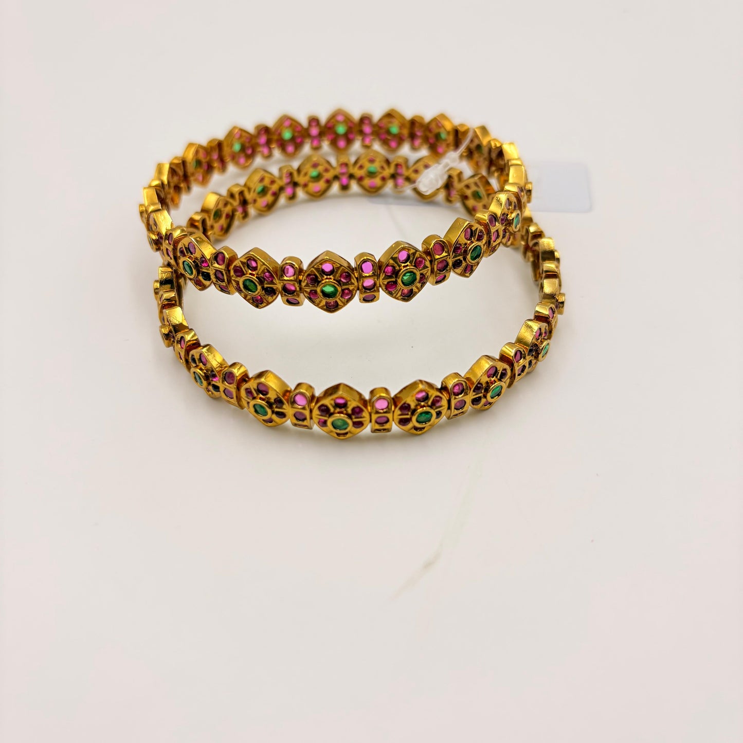 Antique Gold-Plated Ruby & Green Stone Bangles – Traditional South Indian Design (Set of 2)