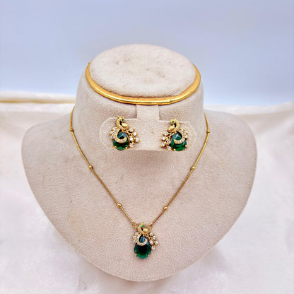 Antique Gold Peacock Pendant Necklace Set with Green Stone
