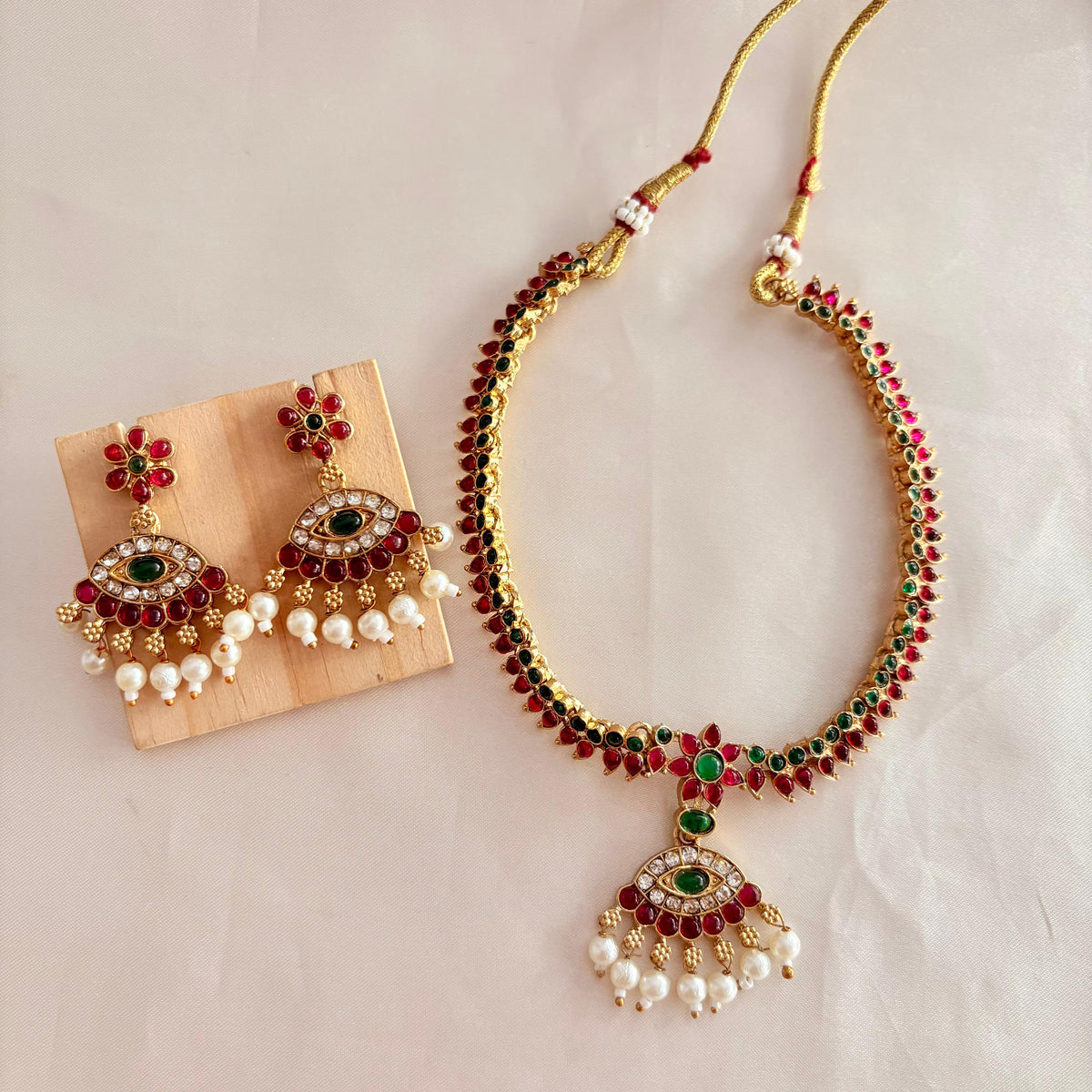 Antique Gold Ruby & Emerald Peacock Pendant Necklace Set with Pearl Drops
