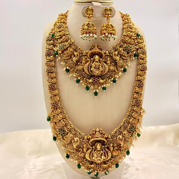 Bridal Temple Jewellery Haaram Set | Long & Short Lakshmi Necklace with Jhumkas | Antique Gold Finish