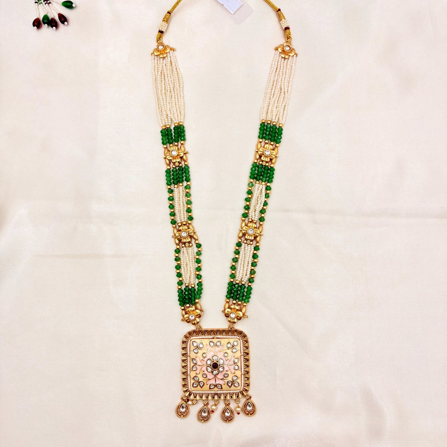 Pearl & Green Bead Long Necklace Set with Square Kundan Pendant