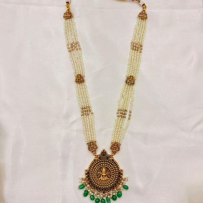 Traditional Pearl Temple Haaram with Lakshmi Pendant & Jhumka Earrings | Antique Gold | Green Drops