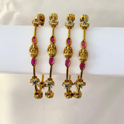 Temple Lakshmi Gold-Plated Bangles with Ruby & Green Stones – Traditional Bridal Wear (Set of 4)