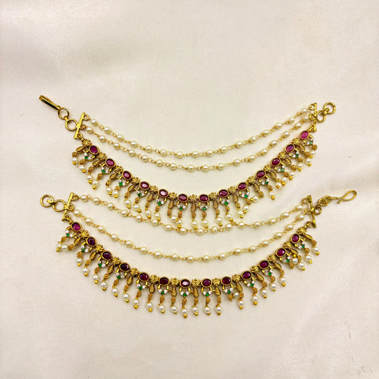 Antique Gold Pearl Matti Hair Accessory – Ruby Stone Bridal Mattal with Pearl Chains | Temple Hair Jewellery