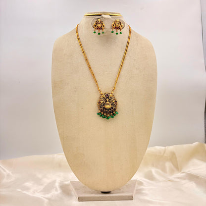 Antique Gold Lakshmi Temple Necklace Set with Green Bead Drops