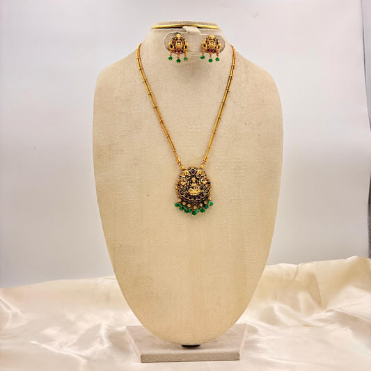 Antique Gold Lakshmi Temple Necklace Set with Green Bead Drops