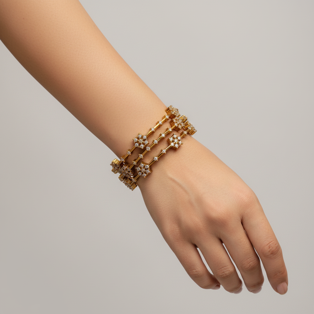 Floral Cluster CZ Bangles – Premium Gold Finish