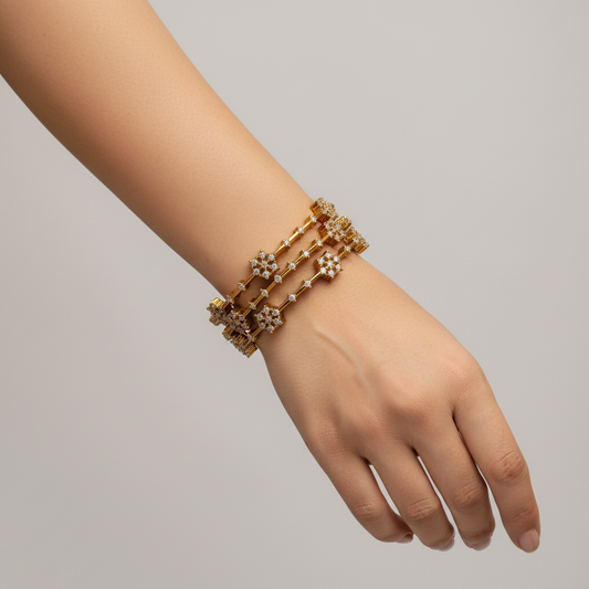 Floral Cluster CZ Bangles – Premium Gold Finish