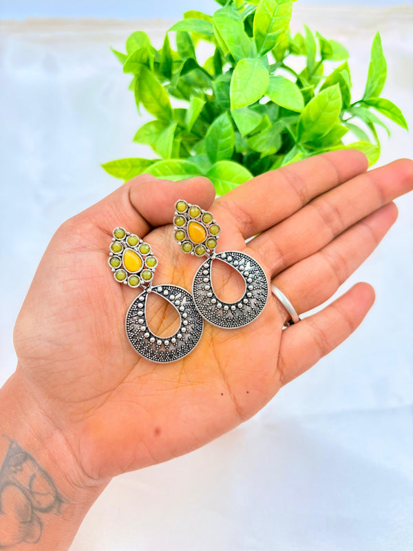 Oxidised Silver Drop Earrings with Yellow & Green Stone Detailing