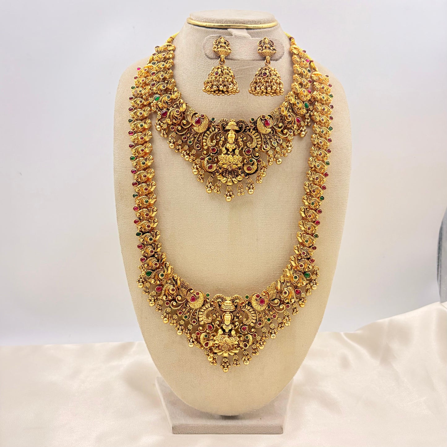 Lakshmi Temple Bridal Necklace Set – Antique Gold Long Haram with Ruby & Emerald Stones and Jhumka Earrings