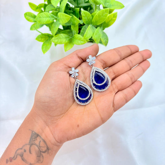 Royal Blue Teardrop Crystal Earrings with Silver Finish