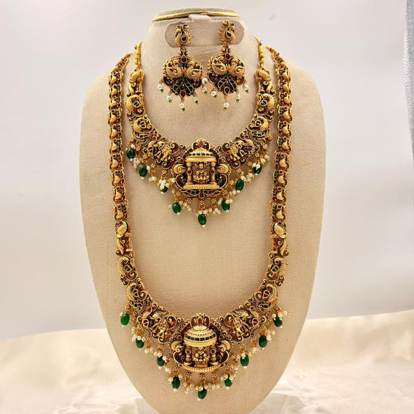 Bridal Temple Pot Haaram Set – Long & Short Necklace with Earrings | Antique Gold Polish | Green Bead Drops