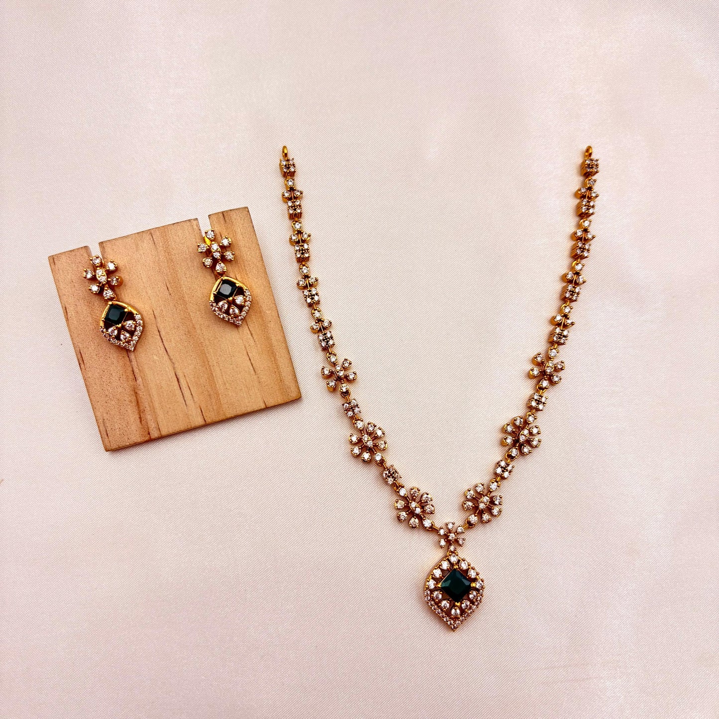 Emerald Green Stone CZ Floral Necklace Set – Gold Finish Jewellery