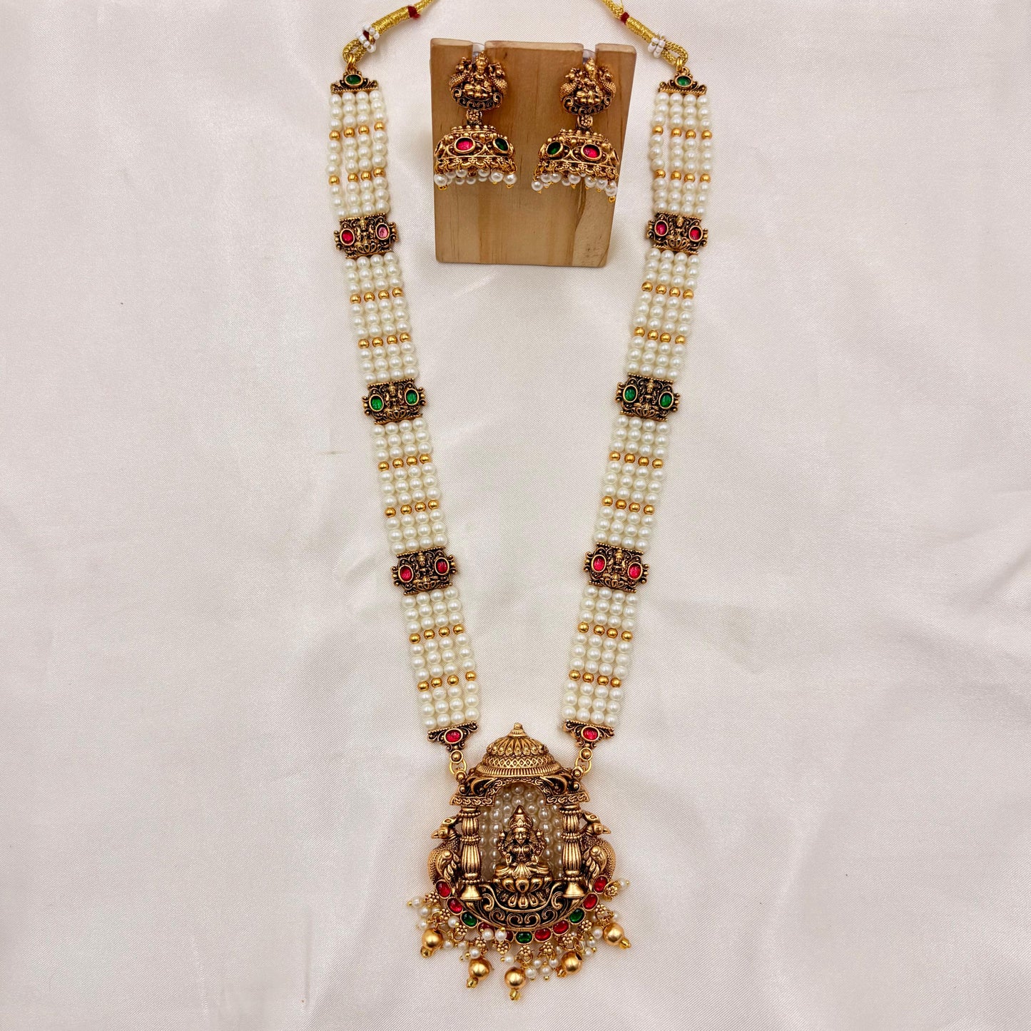 Pearl Temple Haaram with Lakshmi Pendant & Jhumka Earrings | Antique Gold Finish