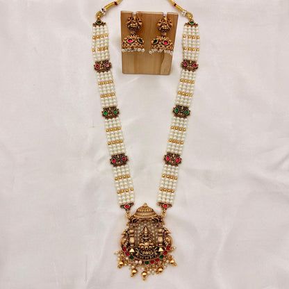 Pearl Temple Haaram with Lakshmi Pendant & Jhumka Earrings | Antique Gold Finish
