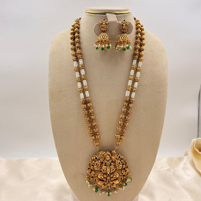 Antique Temple Haaram with Lakshmi Pendant & Jhumka Earrings | Gold Ball & Pearl Mala Design