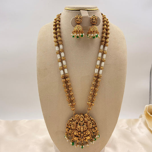 Antique Temple Haaram with Lakshmi Pendant & Jhumka Earrings | Gold Ball & Pearl Mala Design
