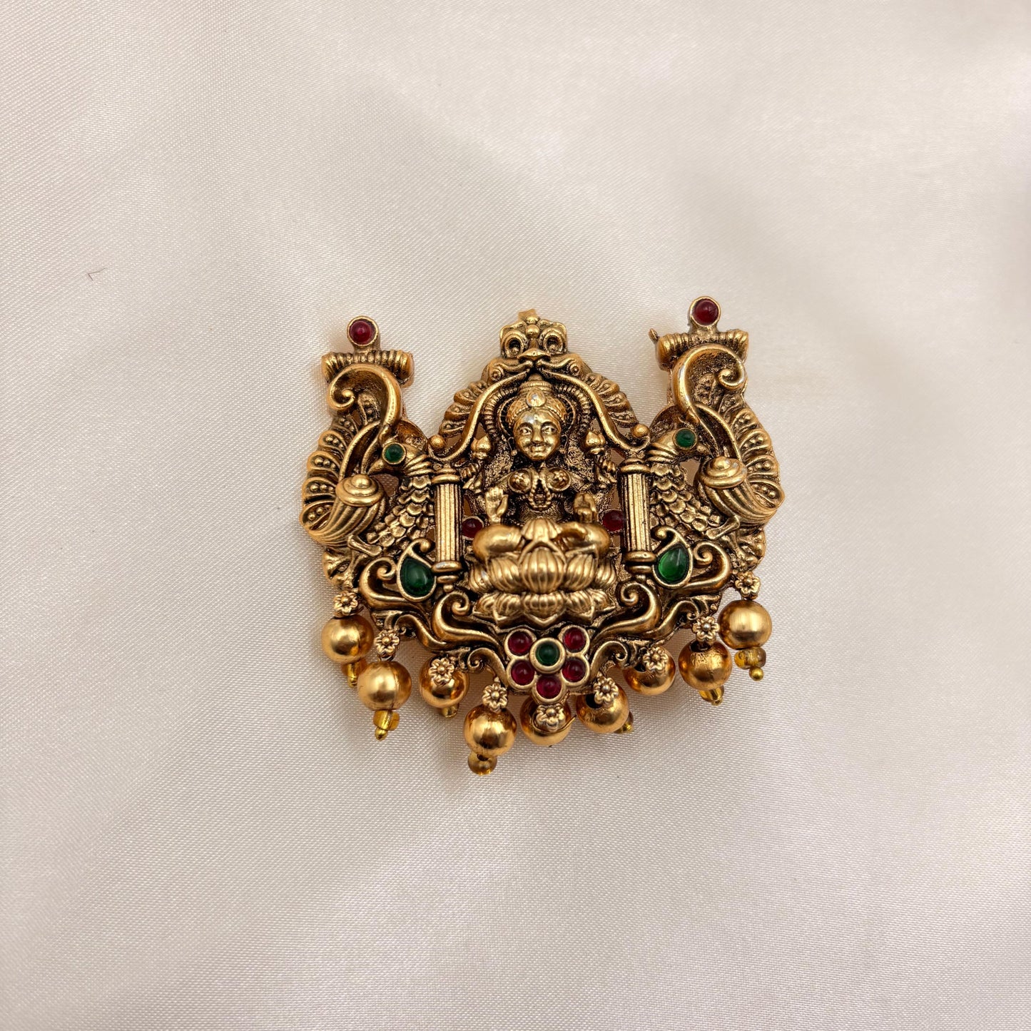 Antique Temple Goddess Lakshmi Jada Billa with Peacock Design & Gold Bead Hangings