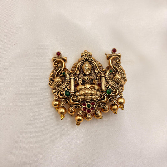 Antique Temple Goddess Lakshmi Jada Billa with Peacock Design & Gold Bead Hangings